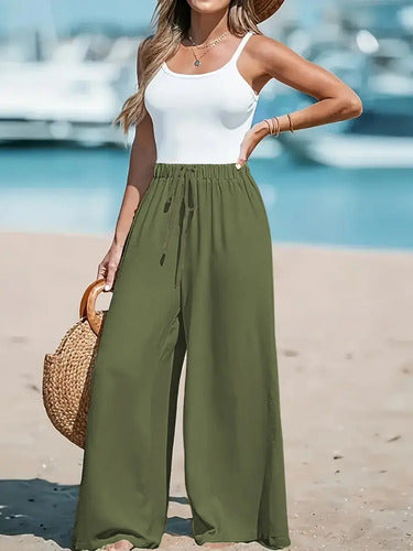 Calça Pantalona Feminina Cintura Alta Tecido Leve Verão