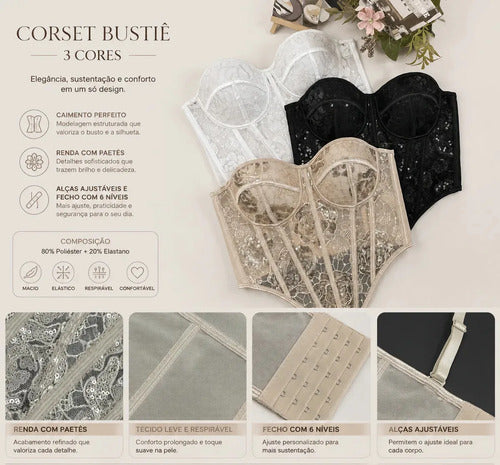 Cropped Corset Corselete De Renda Com Barbatana Feminino