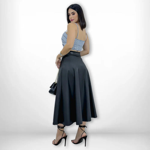Saia Longa Feminina Couro Cintura Alta Plissada Elegante