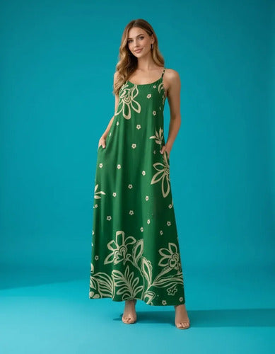 Vestido Feminino Longo Estampado Com Alça Regulável