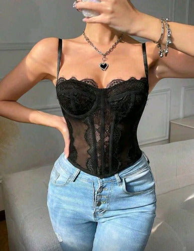 Corset Renda Feminino Alça Cropped Sexy Corpete Blusa Top