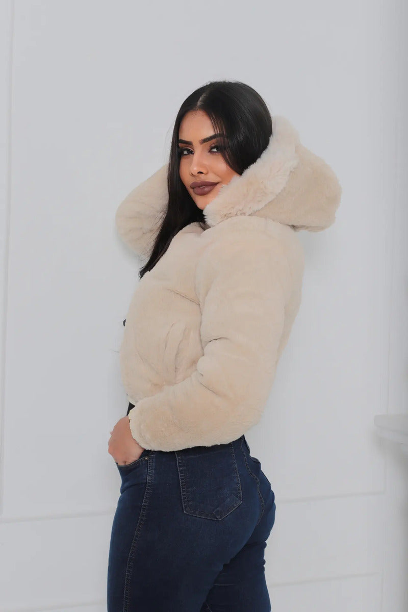 Jaqueta Feminina De Inverno Cropped Dupla Face Com Capuz