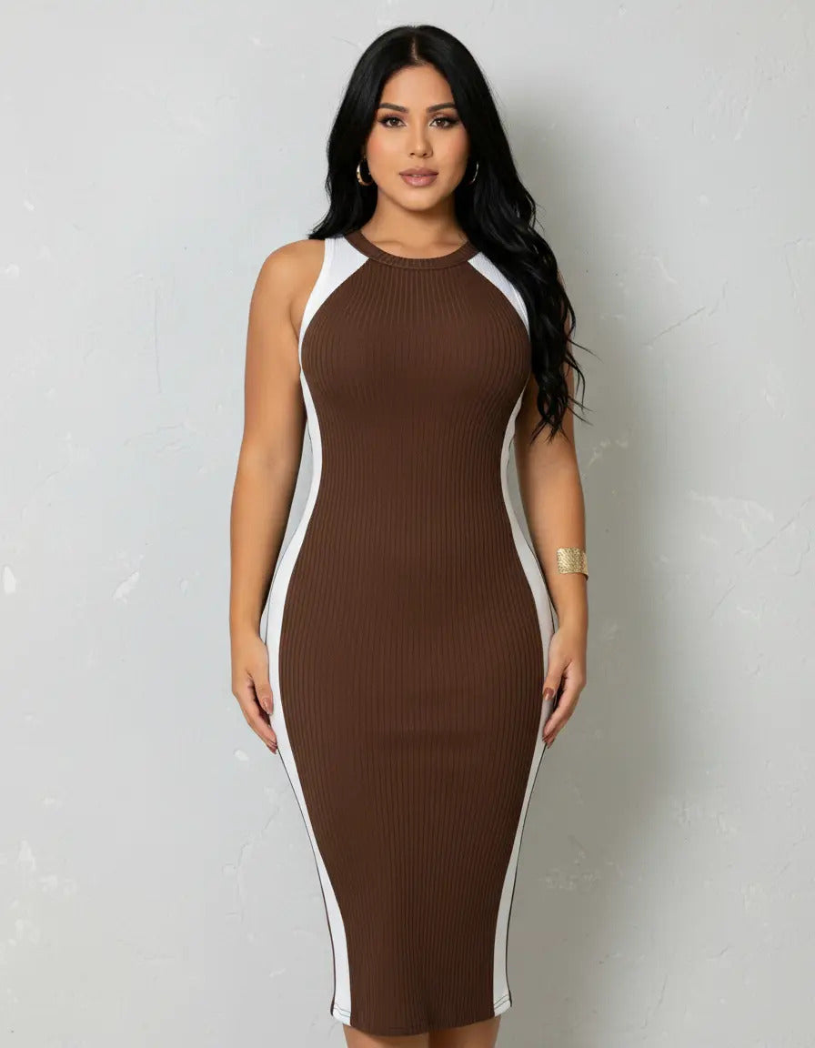 Vestido Canelado Midi Faixas Regata Casual Básico Modelador