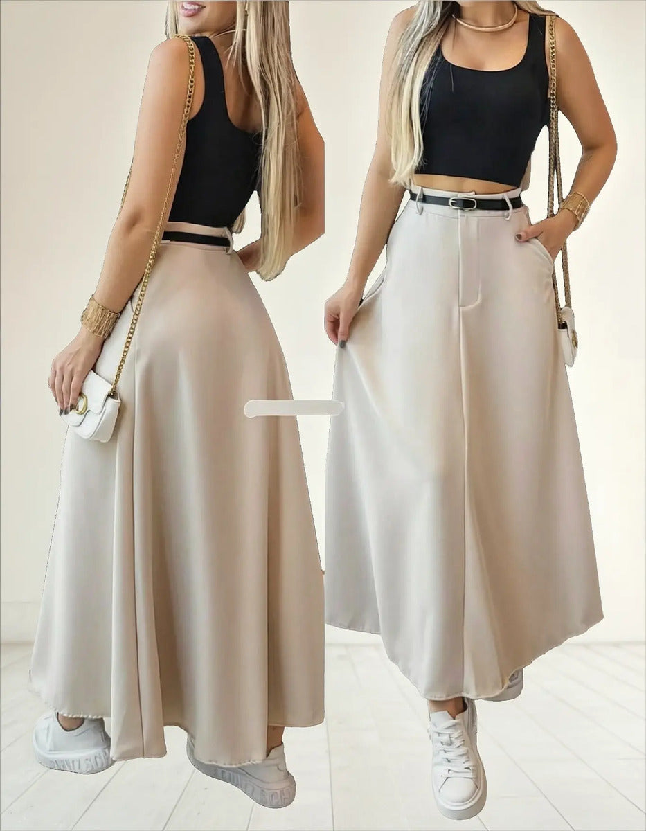 Saia Feminina Longa Com Cinto Alfaiataria Com Bolso