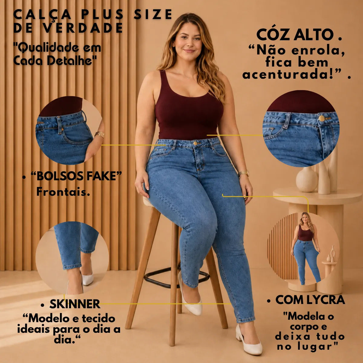 Calça Jeans Plus Size Cintura Alta Elastano Lycra Modeladora