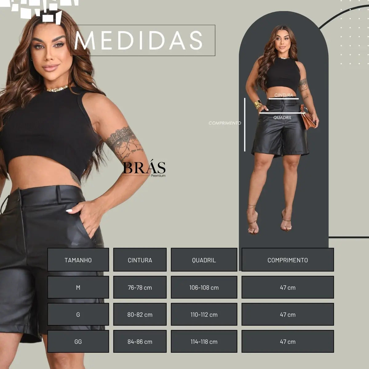 Bermuda Feminina De Couro Alongada Elegante Cintura Alta