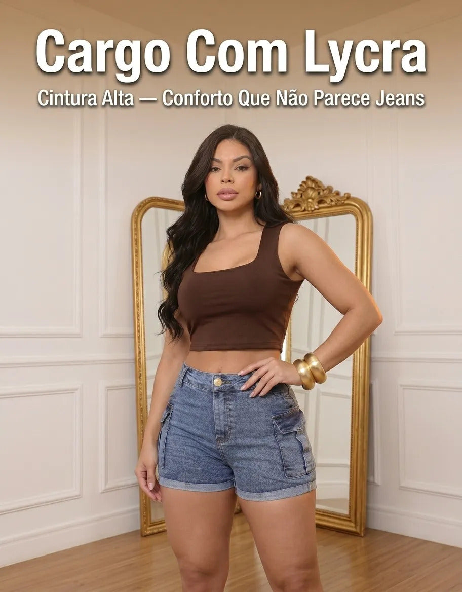 Short Jeans Feminino Shorts Cargo Com Lycra Cintura Alta