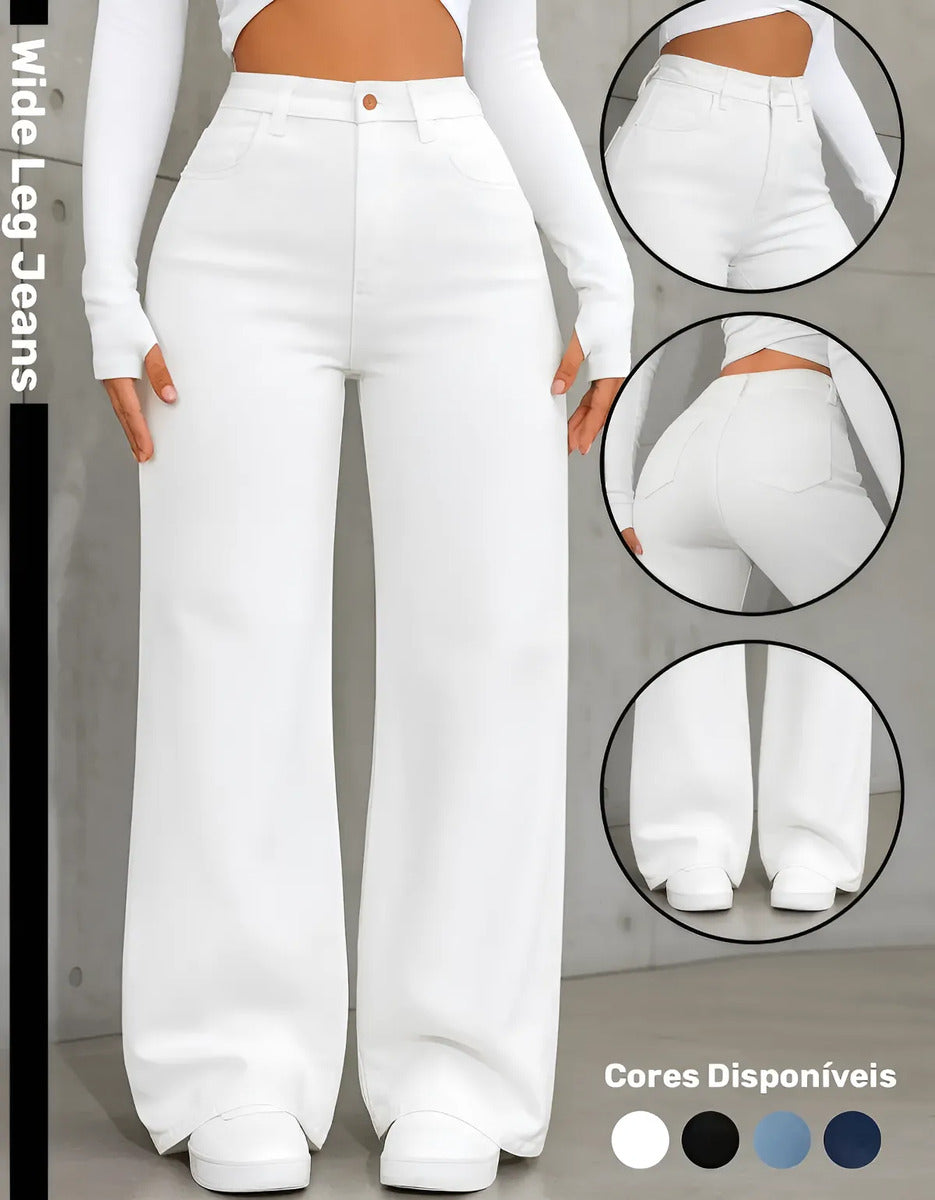 Calça Wide Leg Jeans Feminina Reta Perna Larga Empina Bumbum