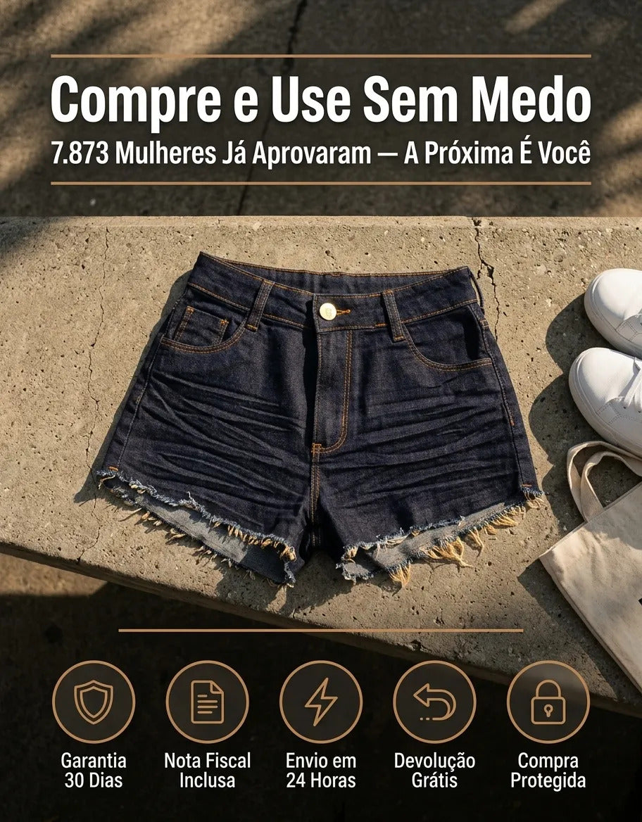 Short Jeans Feminino Cintura Alta Com Lycra Barra Desfiada