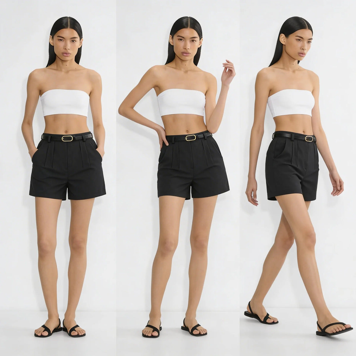 Short Alfaiataria Feminino Social Cintura Alta Cinto Bolso
