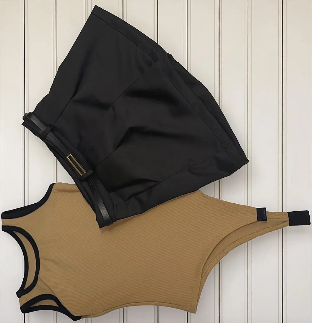 Kit Short Alfaiataria Body Canelado Feminino Liso