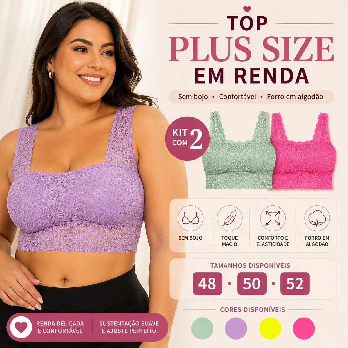 Kit 2 Top Plus Size Sem Bojo Renda Sutiã Cropped Feminina