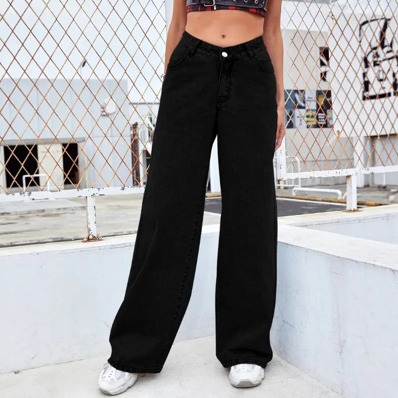 Calça Jeans Feminina Cintura Alta Lavada Reta Solta ,