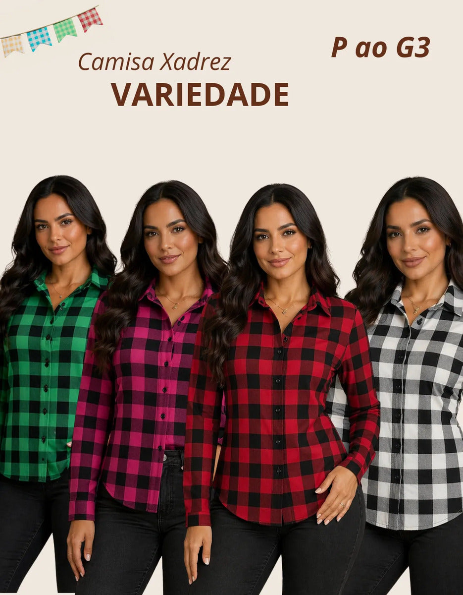 Camisa Xadrez Longa Blusa Manga Festa Junina Social De Botão