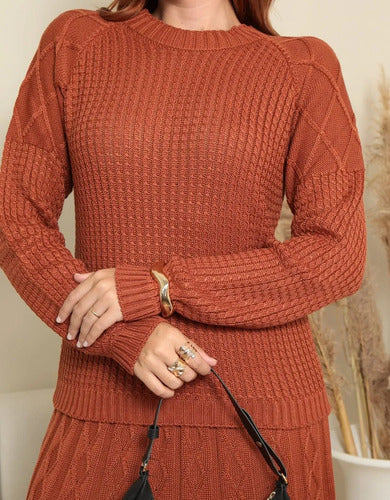 Conjunto Feminino Em Tricô Saia Blusa Manga Longa Quentinho