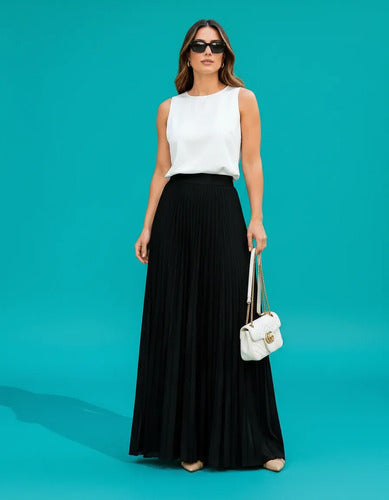 Saia Longa Feminina Plissada Cintura Alta Moda Evangélica