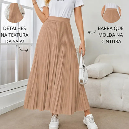 Saia Longa Feminina Plissada Cintura Alta Moda Evangélica