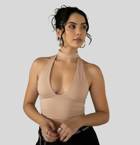 Cropped Top Amarraçao No Pescoço Poliamida Blogueira Balada