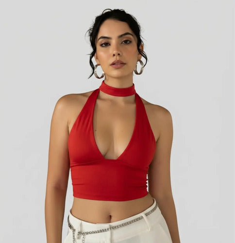 Cropped Top Amarraçao No Pescoço Poliamida Blogueira Balada