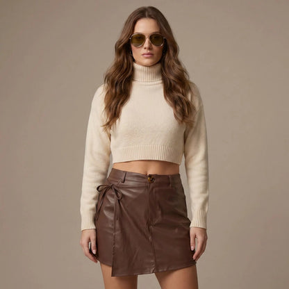 Short Saia Couro Sintético Feminino Cintura Alta Transpasse