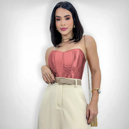 Cropped Corset Feminino Bico Acetinado Luxo Amarração Top