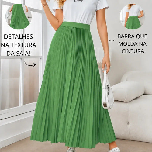 Saia Longa Feminina Plissada Cintura Alta Moda Evangélica