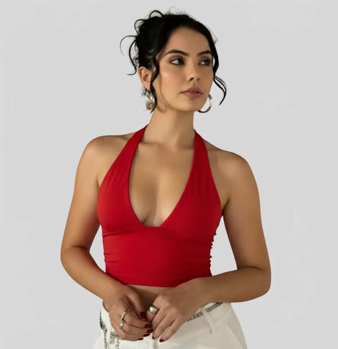 Cropped Top Amarraçao No Pescoço Poliamida Blogueira Balada