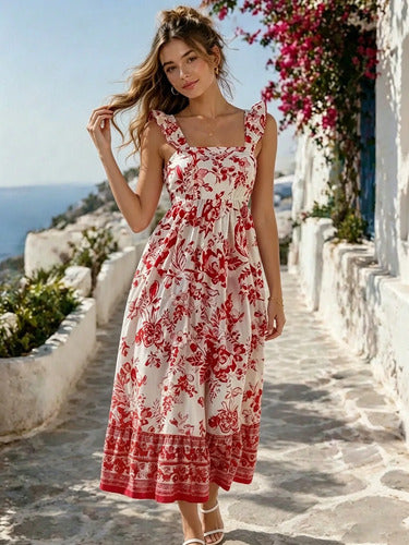 Long Dress with Straps, Ruffles, and Floral Print for Women