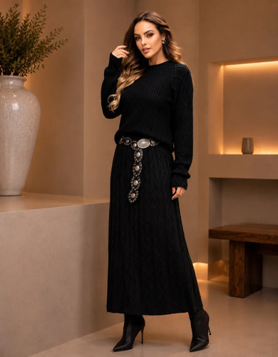 Conjunto Feminino Em Tricô Saia Blusa Manga Longa Quentinho