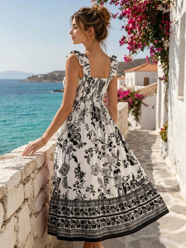 Long Dress with Straps, Ruffles, and Floral Print for Women