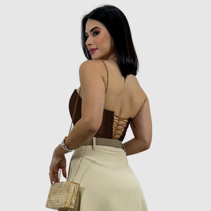 Cropped Corset Feminino Bico Acetinado Luxo Amarração Top