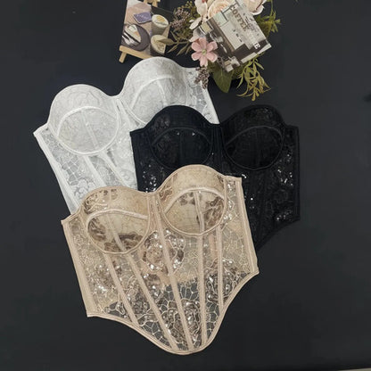 Cropped Corset Corselete De Renda Com Barbatana Feminino