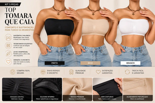 Kit 3 Sutiã Premium Tomara Que Caia Sem Costura Top Faixa