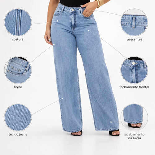 Calça Jeans Wide Leg Feminina Cintura Alta Pantalona