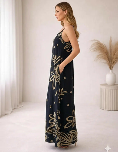 Vestido Feminino Longo Estampado Com Alça Regulável