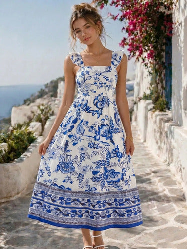 Long Dress with Straps, Ruffles, and Floral Print for Women