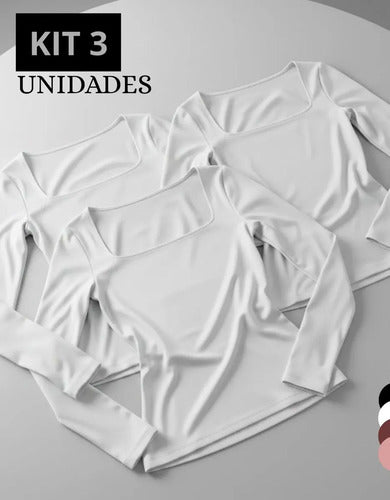 Kit 3 Blusa Manga Longa Inverno Decote Gola Quadrada