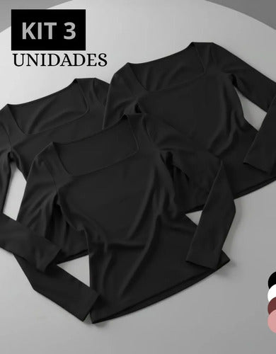 Kit 3 Blusa Manga Longa Inverno Decote Gola Quadrada