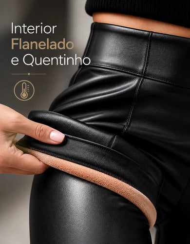 Calça Couro Fake Courino Preta Modeladora Flanelada Premium