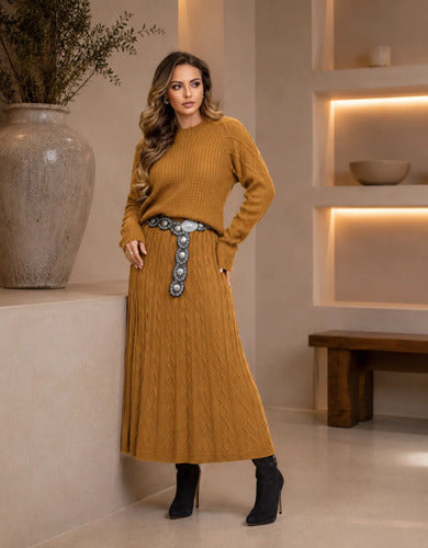 Conjunto Feminino Em Tricô Saia Blusa Manga Longa Quentinho