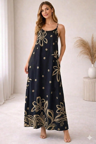 Vestido Feminino Longo Estampado Com Alça Regulável
