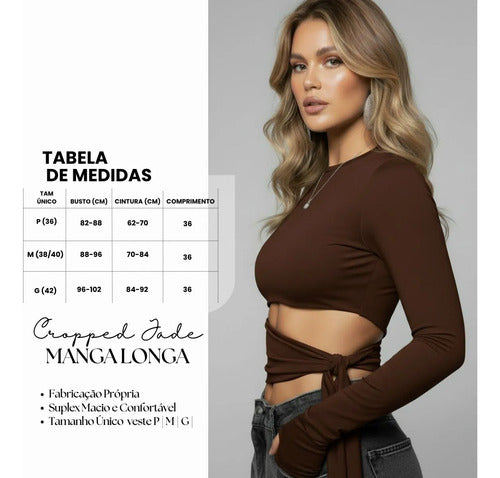 Cropped Manga Longa Feminino Amarração Cintura Moda Gringa