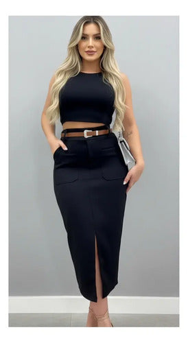Saia De Alfaiataria Midi Moda Evangélica Brinde Cinto Couro