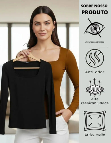 Kit 3 Blusa Manga Longa Inverno Decote Gola Quadrada