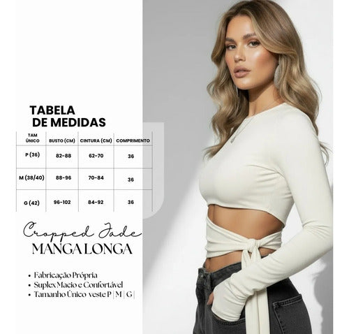 Cropped Manga Longa Feminino Amarração Cintura Moda Gringa