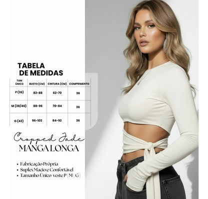 Cropped Manga Longa Feminino Amarração Cintura Moda Gringa