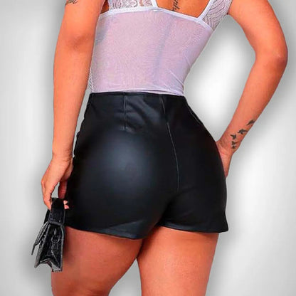 Short Saia Couro Social Feminino Cintura Alta Zíper Lateral
