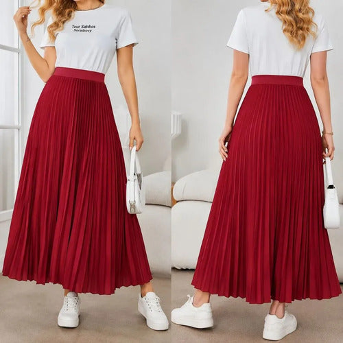 Saia Longa Feminina Plissada Cintura Alta Moda Evangélica