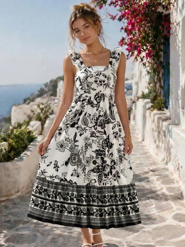 Long Dress with Straps, Ruffles, and Floral Print for Women