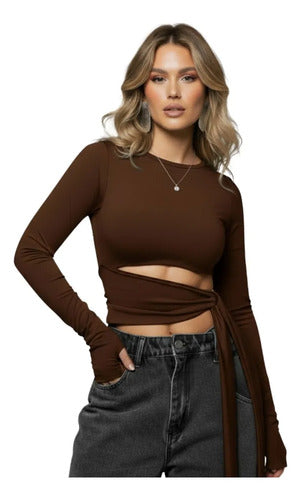 Cropped Manga Longa Feminino Amarração Cintura Moda Gringa